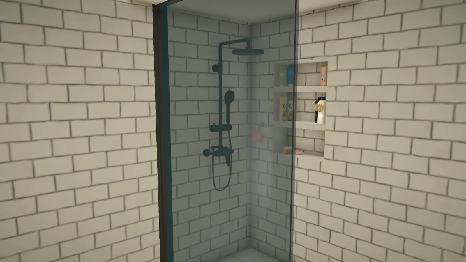 A finished Paralives walk-in shower with recessed storage shelves inside a thick grey brick wall A finished Paralives walk-in shower with recessed storage shelves inside a thick grey brick wall