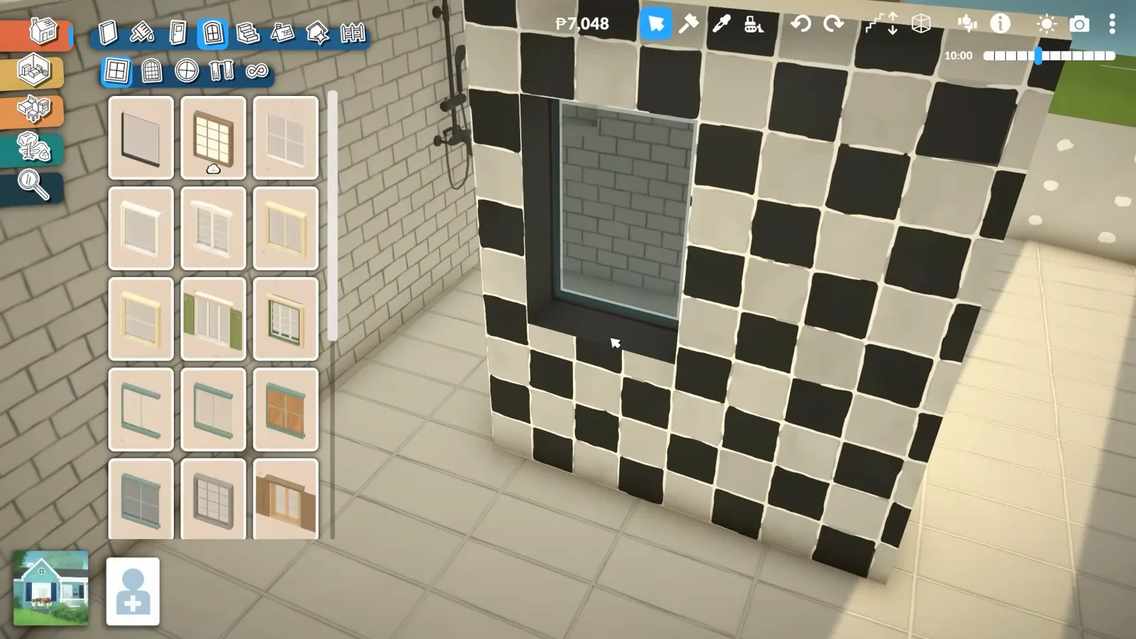 A plain Paralives window dragged through a thick checkered tile wall until only the clean opening shows A plain Paralives window dragged through a thick checkered tile wall until only the clean opening shows