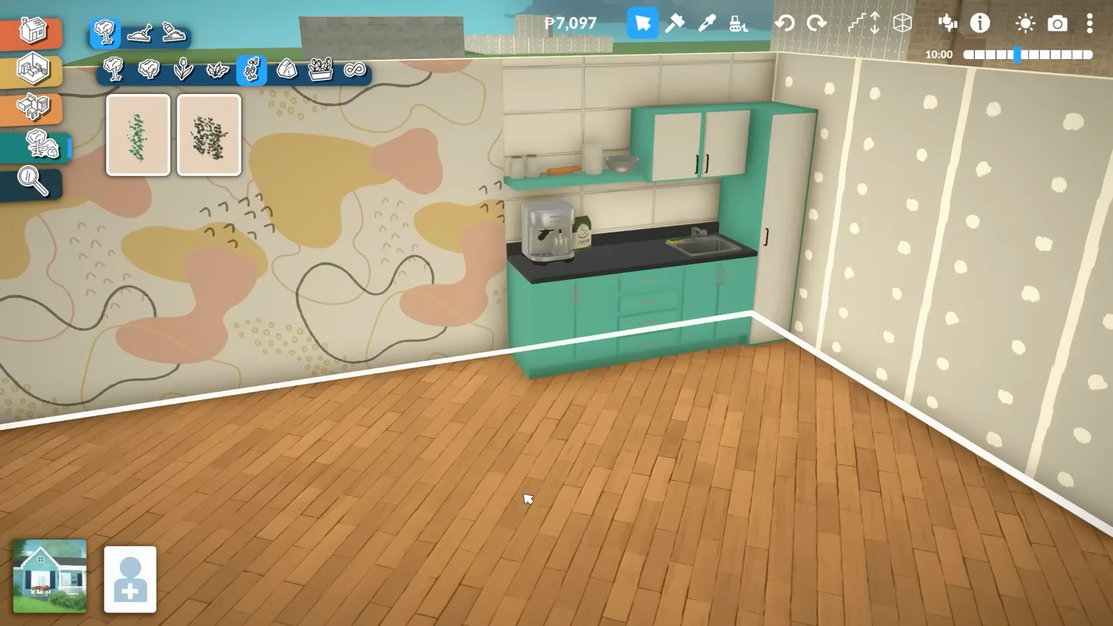 A Paralives kitchen wall where the tile stop meets patterned wallpaper at an invisible separator line A Paralives kitchen wall where the tile stop meets patterned wallpaper at an invisible separator line