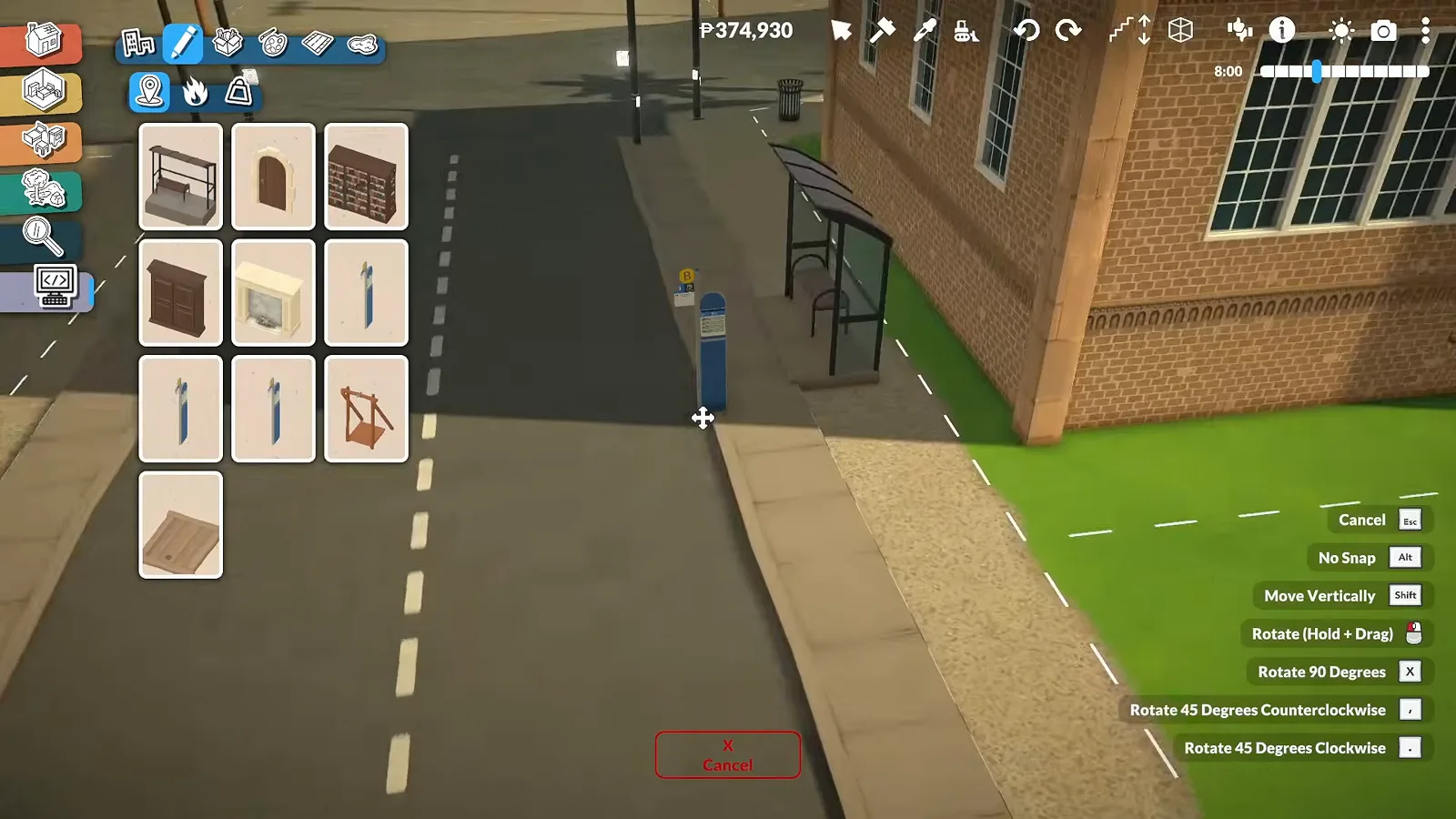 Bus shelter placed on the side street beside a brick Paralives school building with the furniture catalogue open Bus shelter placed on the side street beside a brick Paralives school building with the furniture catalogue open