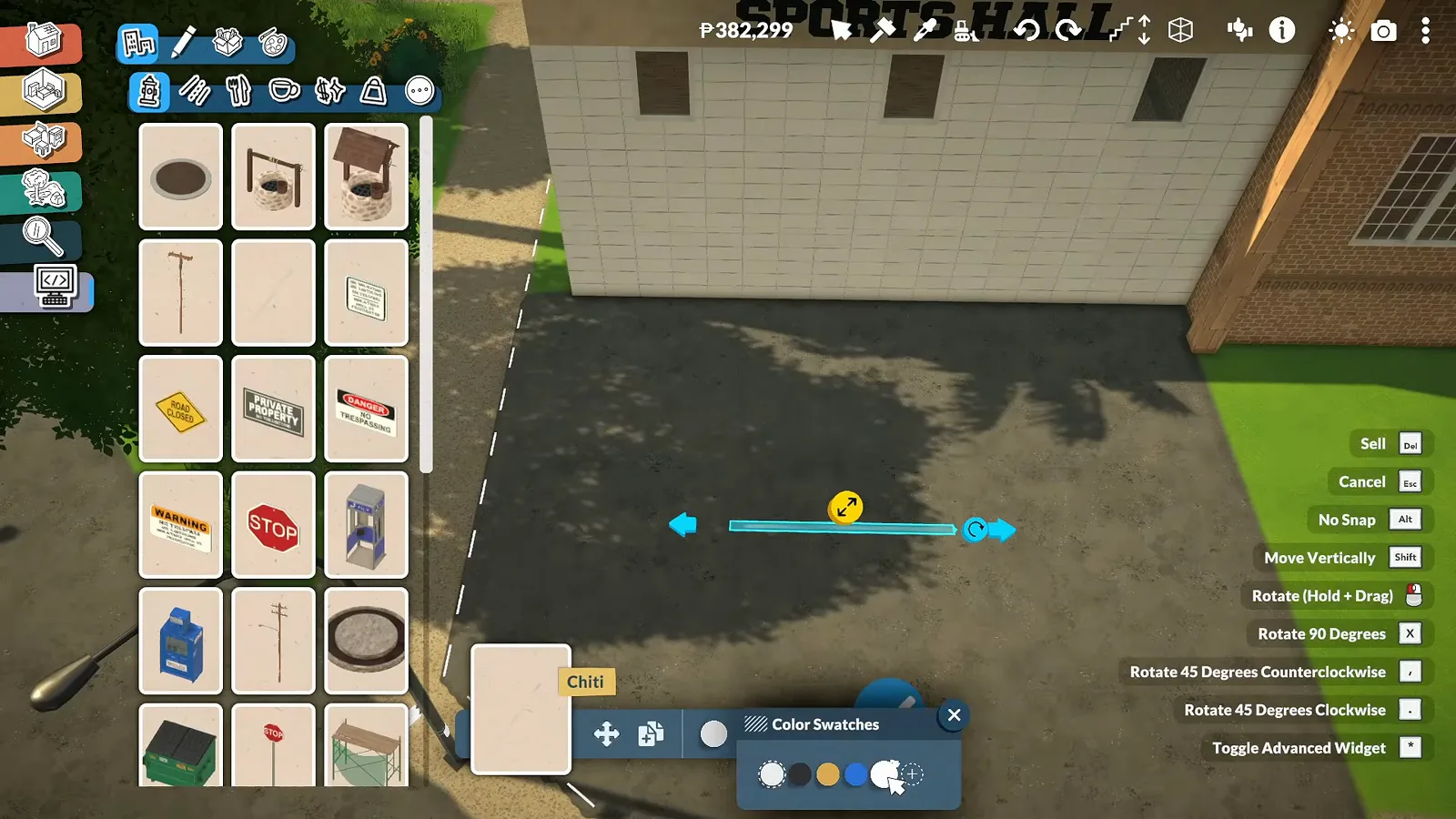 Debug sign catalogue and Color Swatches open while a bench is placed by the SPORTS HALL sign in Paralives Debug sign catalogue and Color Swatches open while a bench is placed by the SPORTS HALL sign in Paralives