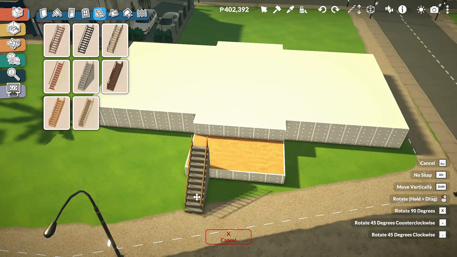 Wooden steps and a deck raising a Paralives school entrance above the sidewalk Wooden steps and a deck raising a Paralives school entrance above the sidewalk