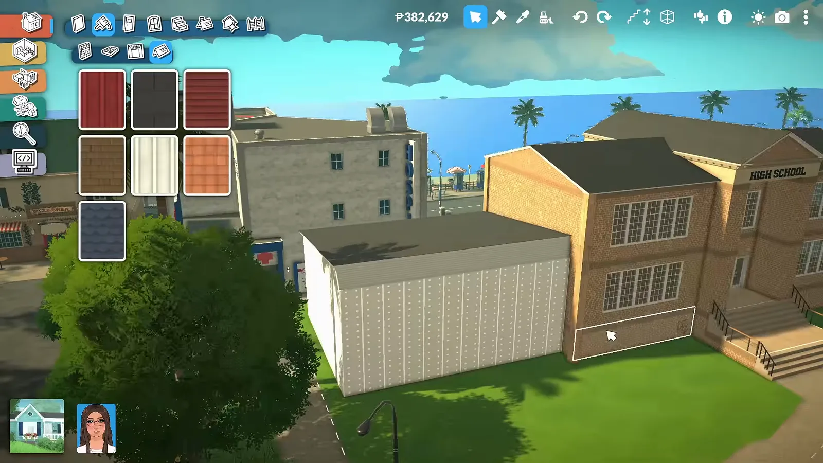 Modern clad gym annex beside the red brick Paralives high school main building with the coastline behind Modern clad gym annex beside the red brick Paralives high school main building with the coastline behind