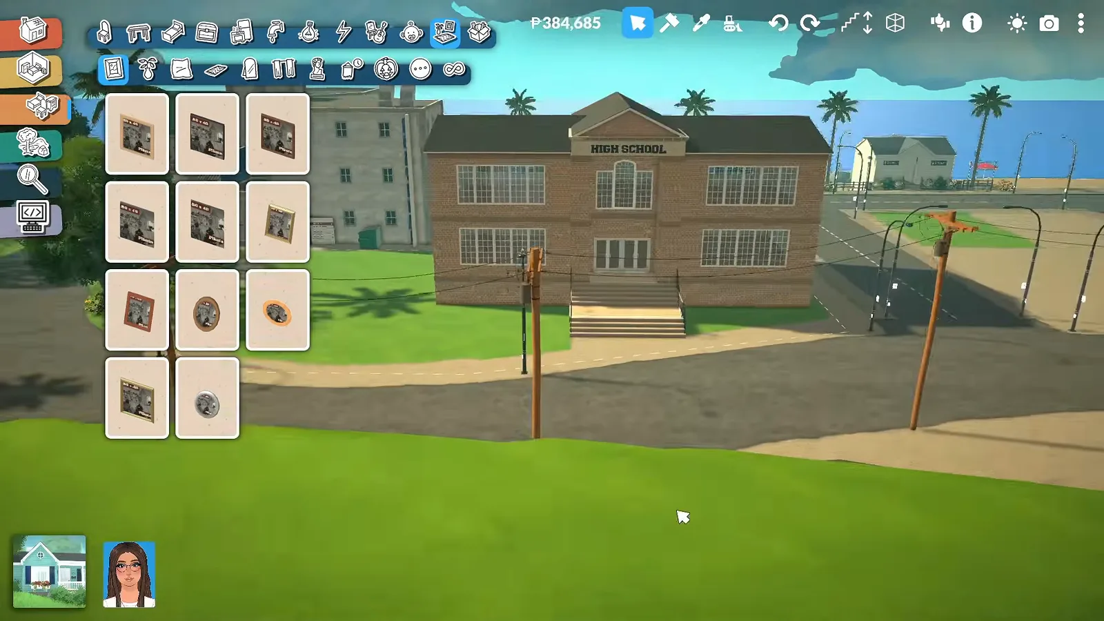 Finished Paralives high school facade with a HIGH SCHOOL sign over the pediment entrance and palm trees along the street Finished Paralives high school facade with a HIGH SCHOOL sign over the pediment entrance and palm trees along the street