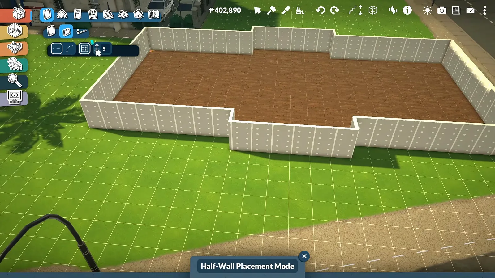 White shell of a Paralives school building with a brown floor deck during Half Wall Placement Mode White shell of a Paralives school building with a brown floor deck during Half Wall Placement Mode