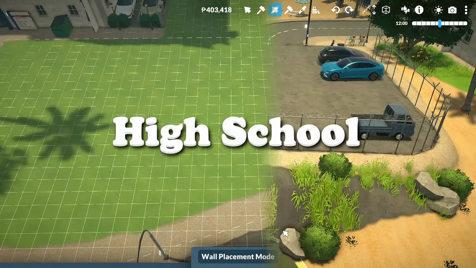 'High School' title card opening the school build on a cleared Paralives downtown lawn 'High School' title card opening the school build on a cleared Paralives downtown lawn