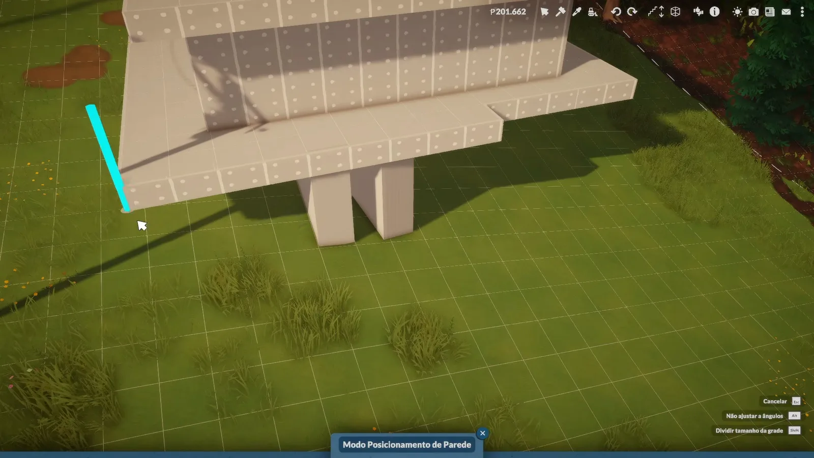 Cyan edge marker dragging a Paralives floor slab out over its supports above a grass slope Cyan edge marker dragging a Paralives floor slab out over its supports above a grass slope