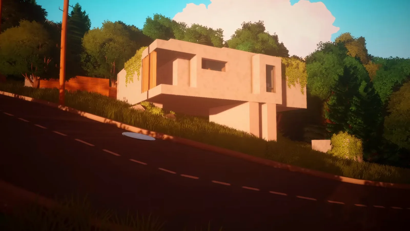 Brutalist concrete hill house in Paralives cantilevered over a sloped lot above a curved road at sunset Brutalist concrete hill house in Paralives cantilevered over a sloped lot above a curved road at sunset