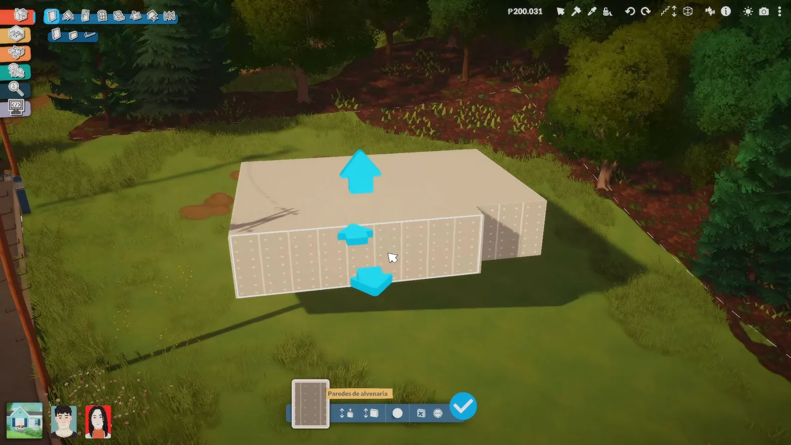 Masonry wall box with blue height arrows standing on a Paralives hillside before any terrain work Masonry wall box with blue height arrows standing on a Paralives hillside before any terrain work