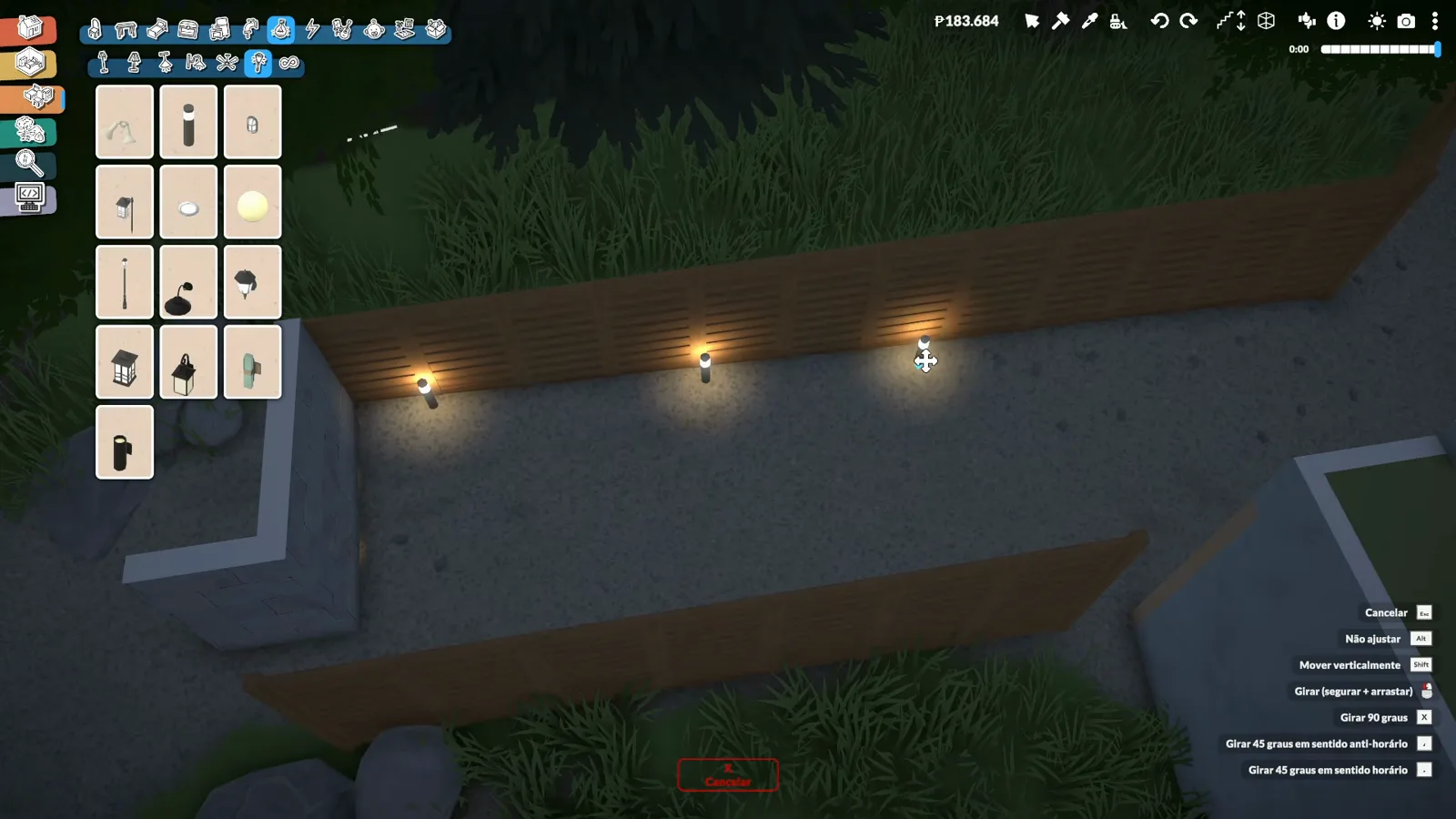 Three outdoor path lamps lit along a Paralives fence line with the lighting catalogue open Three outdoor path lamps lit along a Paralives fence line with the lighting catalogue open