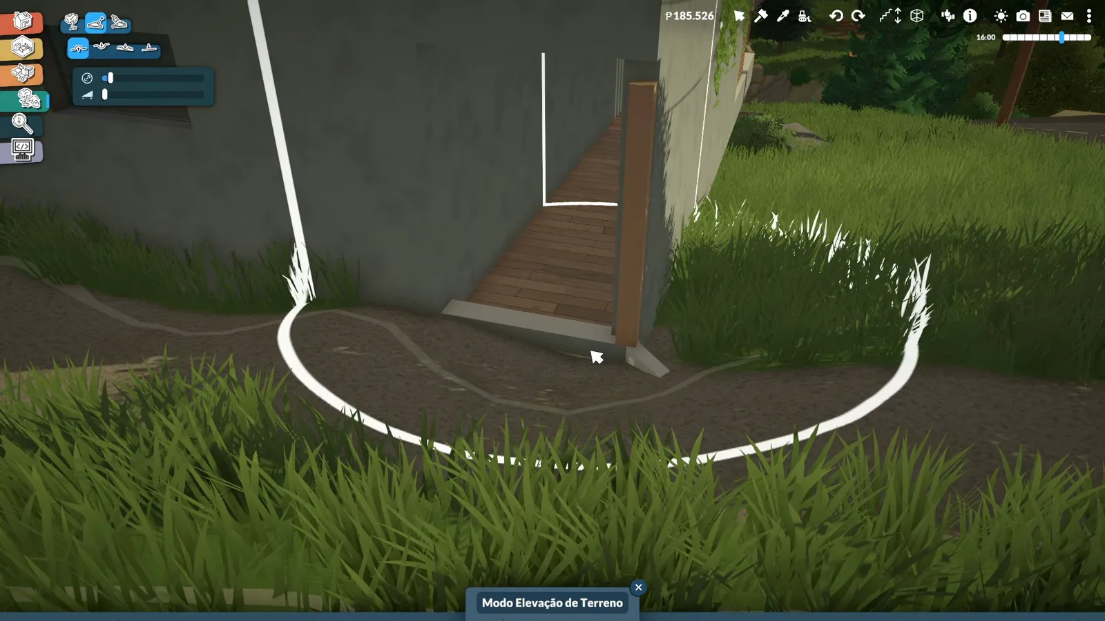 Terrain height brush flattening dirt at the base of finished entry stairs on a Paralives slope Terrain height brush flattening dirt at the base of finished entry stairs on a Paralives slope