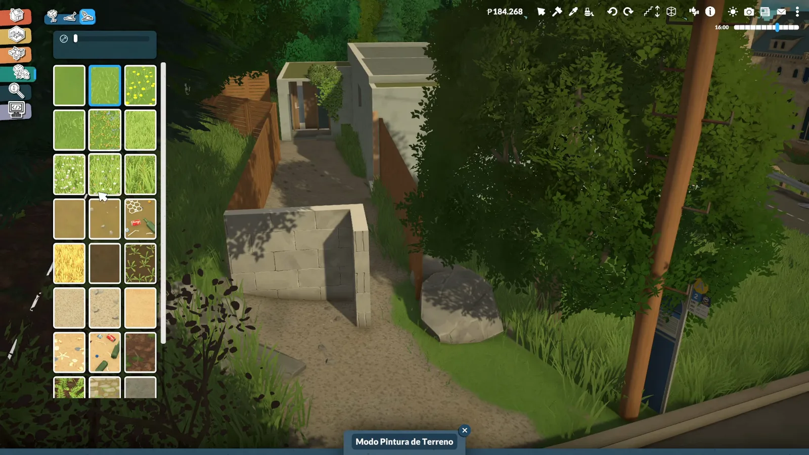 Terrain paint mode brushing a dirt path swatch down a Paralives slope toward the house entrance Terrain paint mode brushing a dirt path swatch down a Paralives slope toward the house entrance