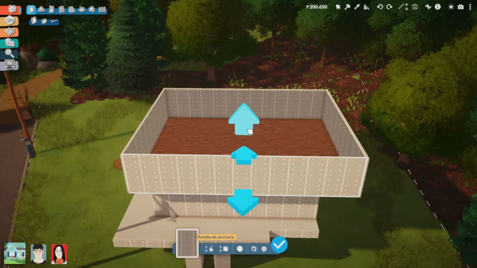 Cyan up and down arrows adjusting the wall height of a room box in a Paralives hill house Cyan up and down arrows adjusting the wall height of a room box in a Paralives hill house
