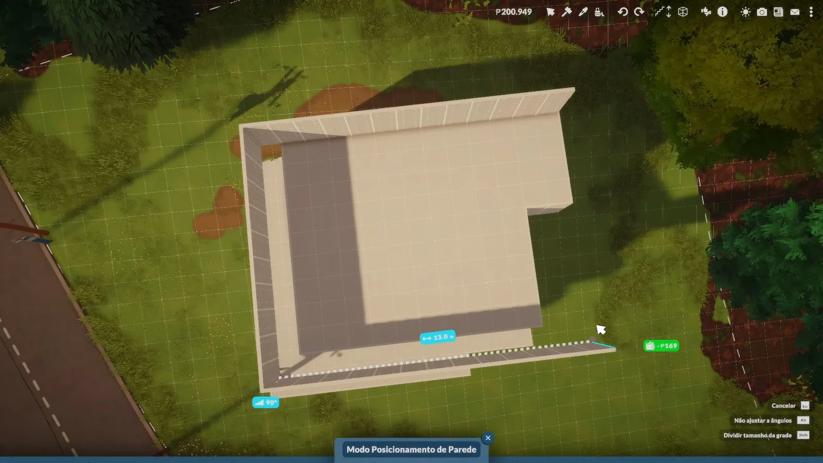 Paralives wall placement mode reading a 13 metre length and a P$169 price tag on a platform above a slope Paralives wall placement mode reading a 13 metre length and a P$169 price tag on a platform above a slope