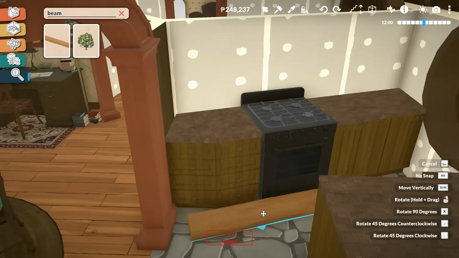 一條木樑蓋住了 Paralives 黑色灶臺頂部的品牌條，哈比人小屋的廚房因此顯得老舊而鄉村