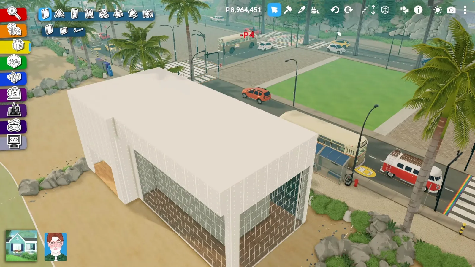 Paralives Wall Placement Mode raising the plain white walls of a hotel annex on a street-corner lot with palm trees and a red bus passing