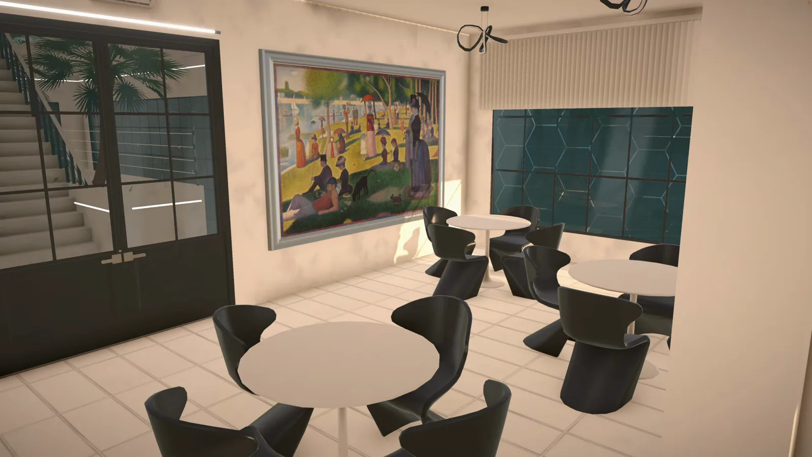 A Paralives hotel restaurant with round tables black chairs large framed art and floor-to-ceiling glass