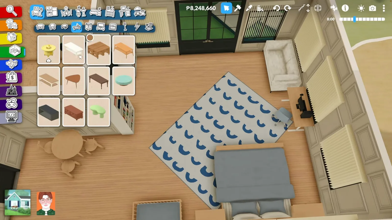 A Scandinavian-style Paralives family room with light wood floors white furniture and a light-blue moon-patterned rug