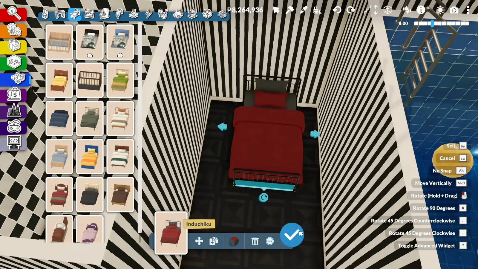 A gothic Paralives guest room with black-and-white striped walls a single red bed and a checkerboard floor