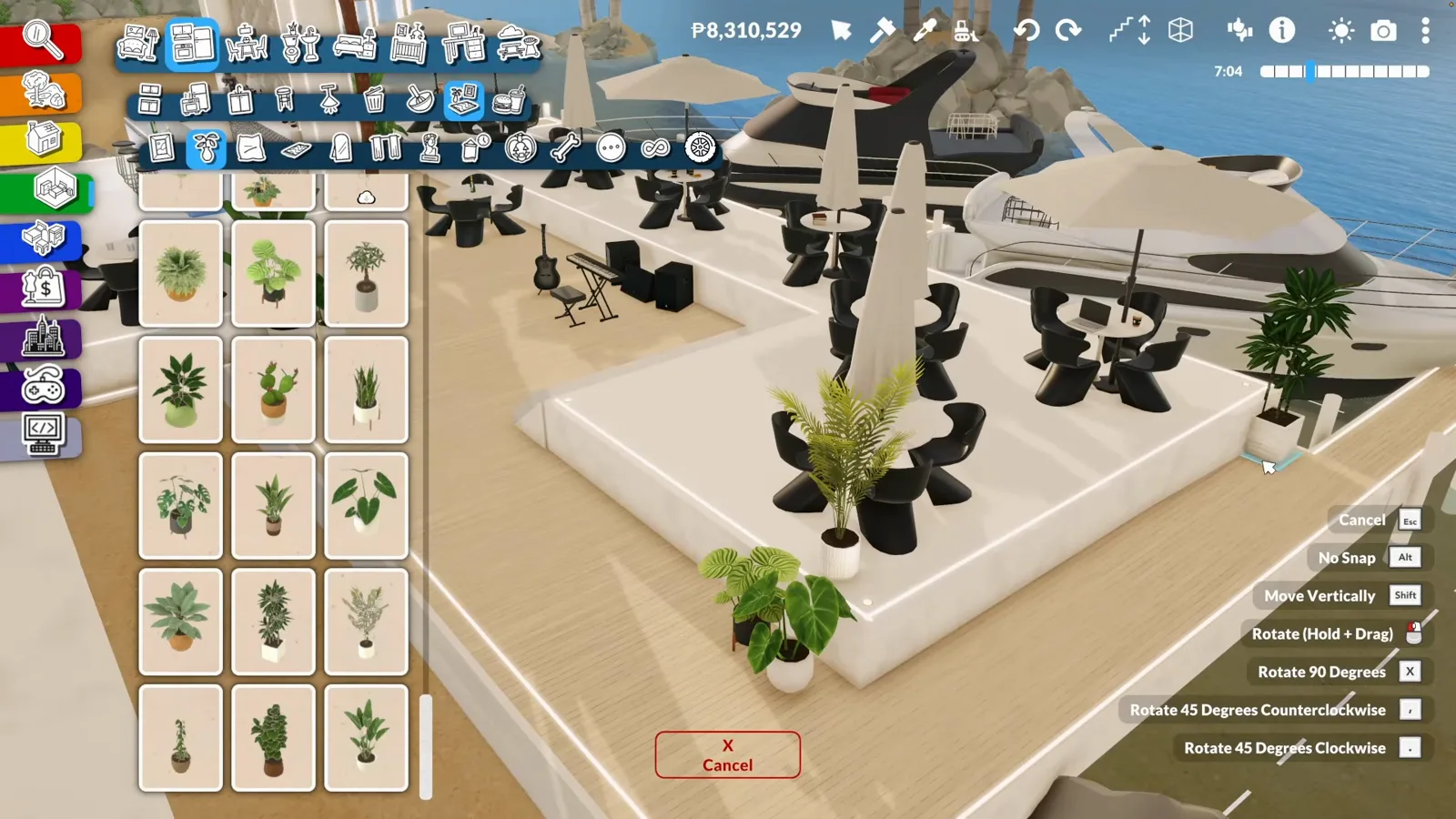 Paralives plant catalogue open over a hotel bar deck with black chairs white tables and a private marina full of yachts