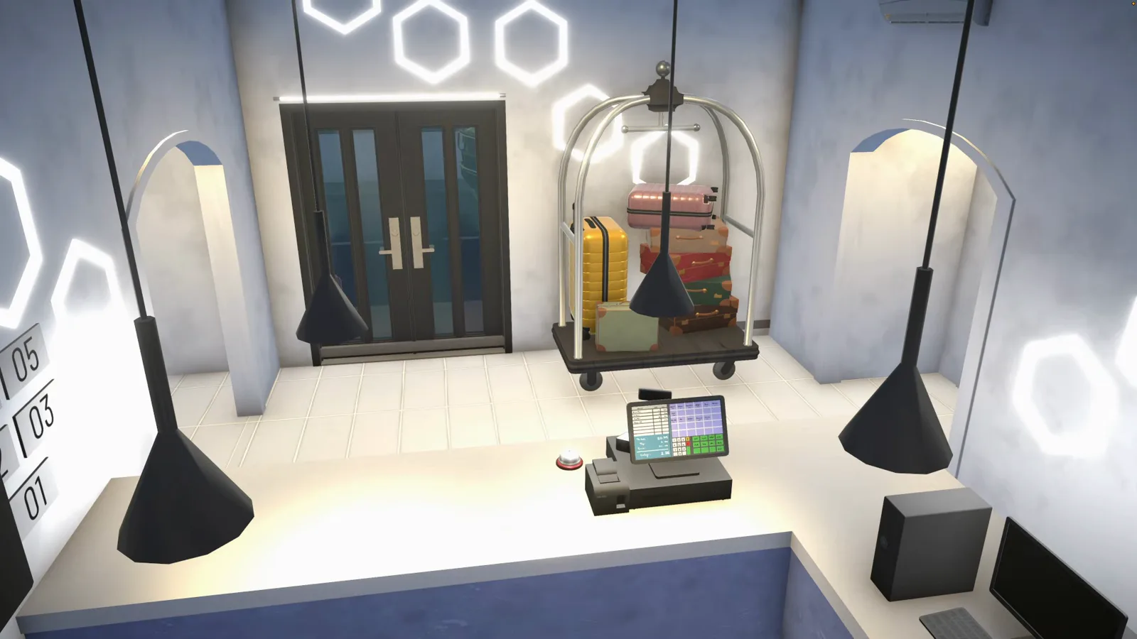 Paralives hotel front desk with hexagon neon wall lights a domed luggage cage black pendant lamps and monitors standing in for check-in