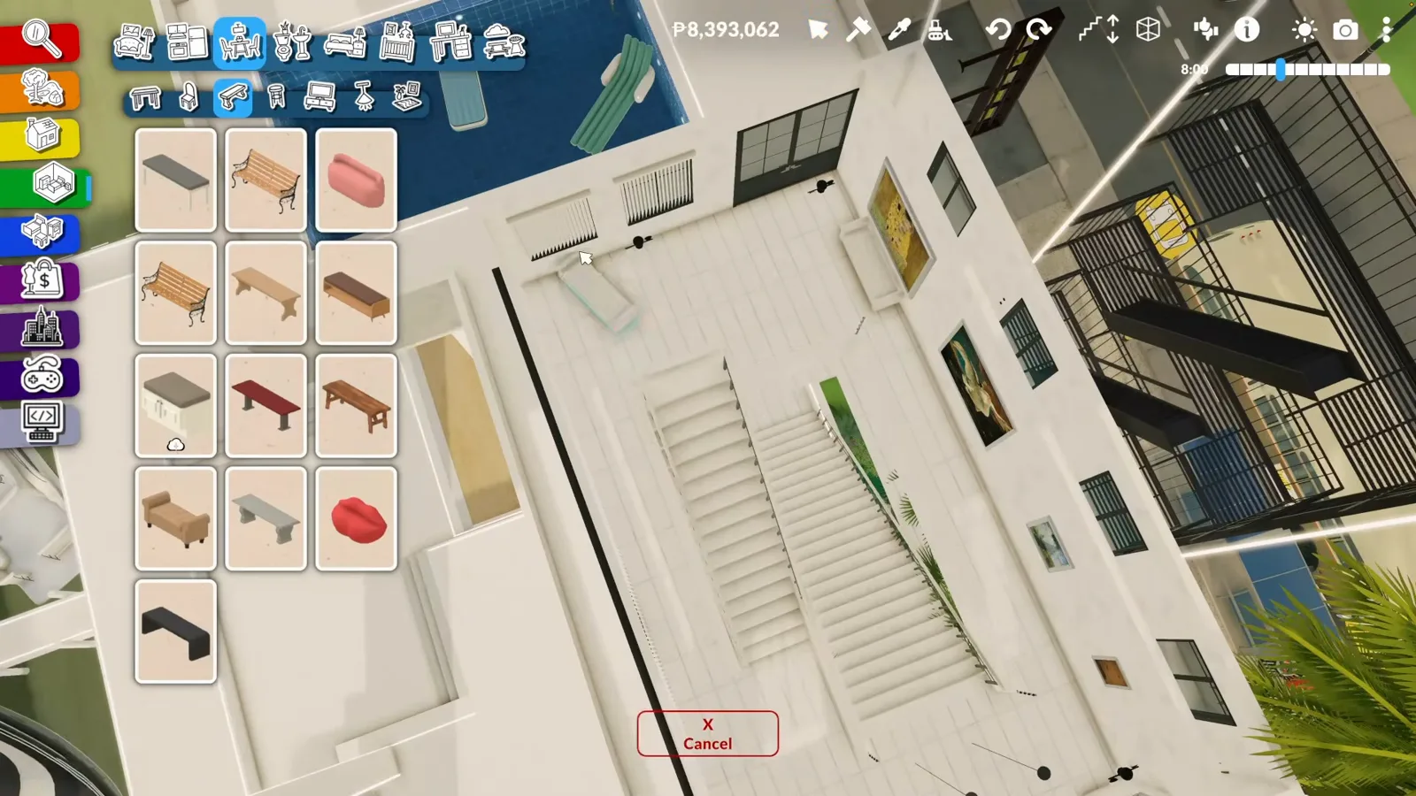 Upper floors of a Paralives seaside hotel with a window catalogue open and the ocean on the horizon