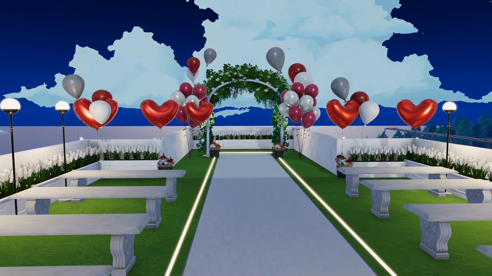 Rooftop wedding terrace of a Paralives hotel with a flower arch heart-shaped balloons white benches and warm string lights facing the ocean