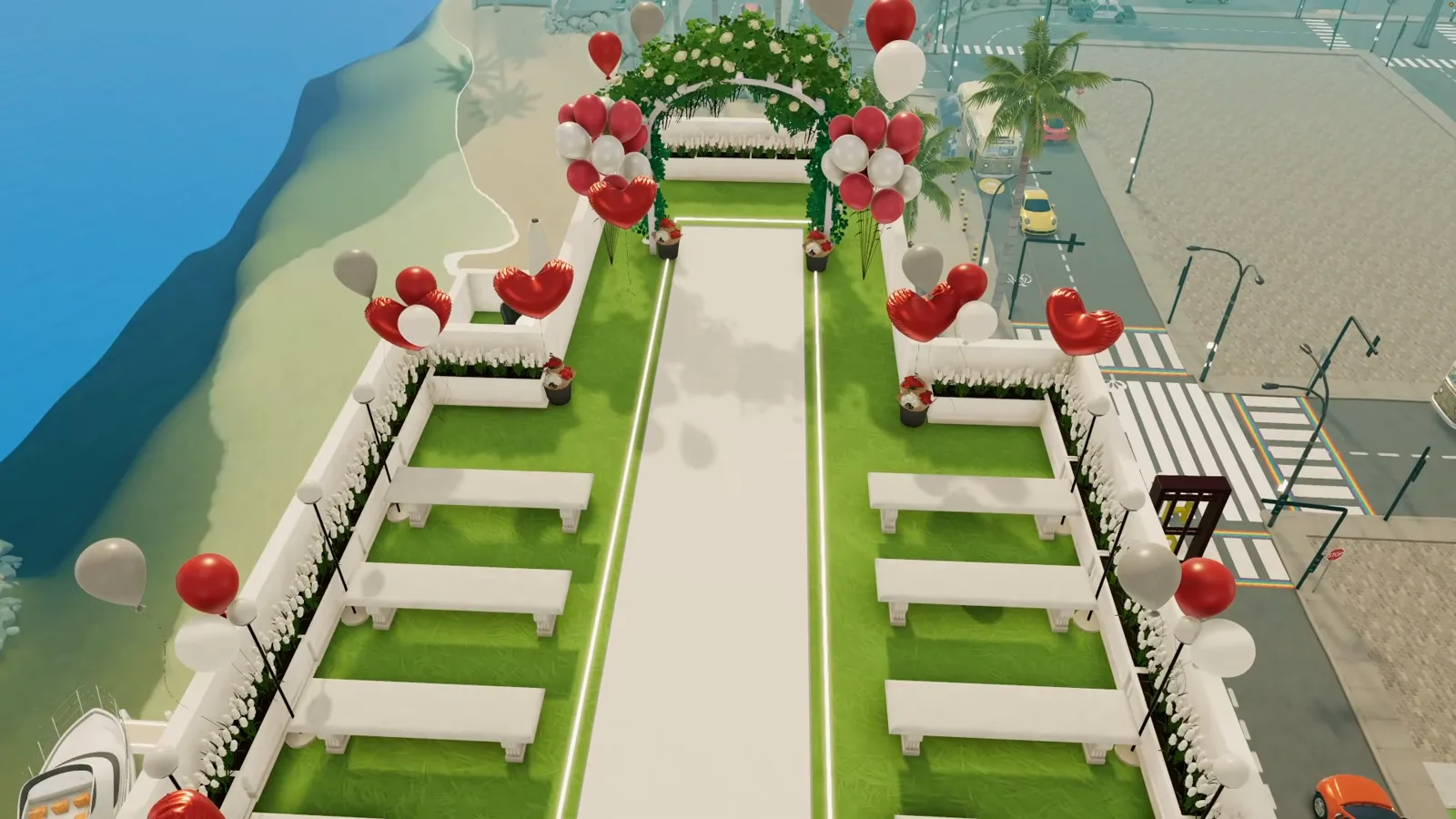A Paralives rooftop wedding terrace with a flower arch red and white heart balloons white benches and a blue aisle