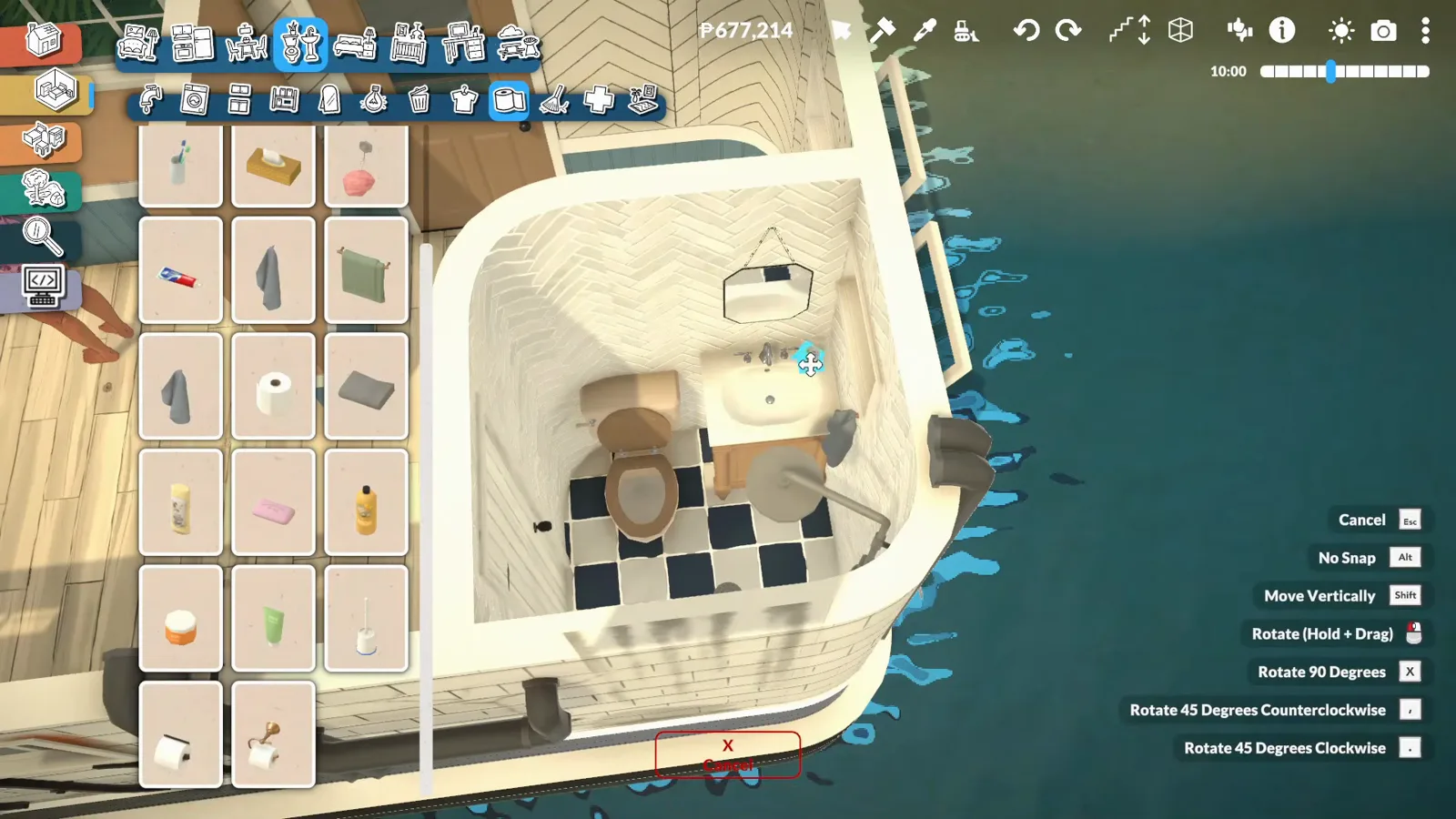 A Paralives houseboat bathroom with a black and white checkerboard floor, toilet and washstand A Paralives houseboat bathroom with a black and white checkerboard floor, toilet and washstand