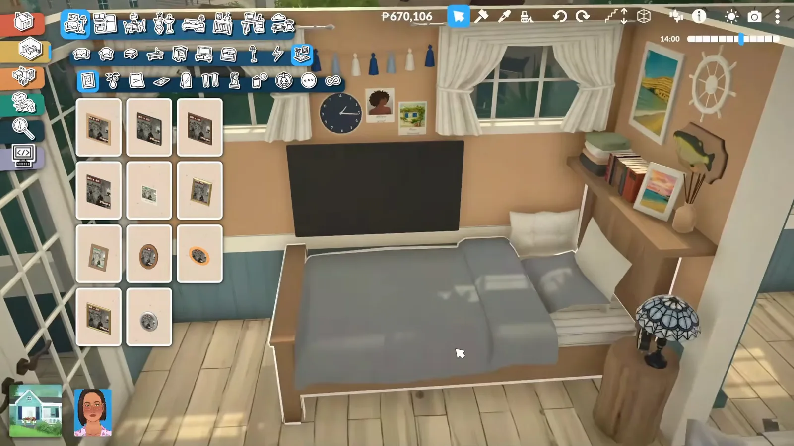 The boat's single bed under a wall-mounted TV beside a model ship wheel in a Paralives houseboat bedroom The boat's single bed under a wall-mounted TV beside a model ship wheel in a Paralives houseboat bedroom