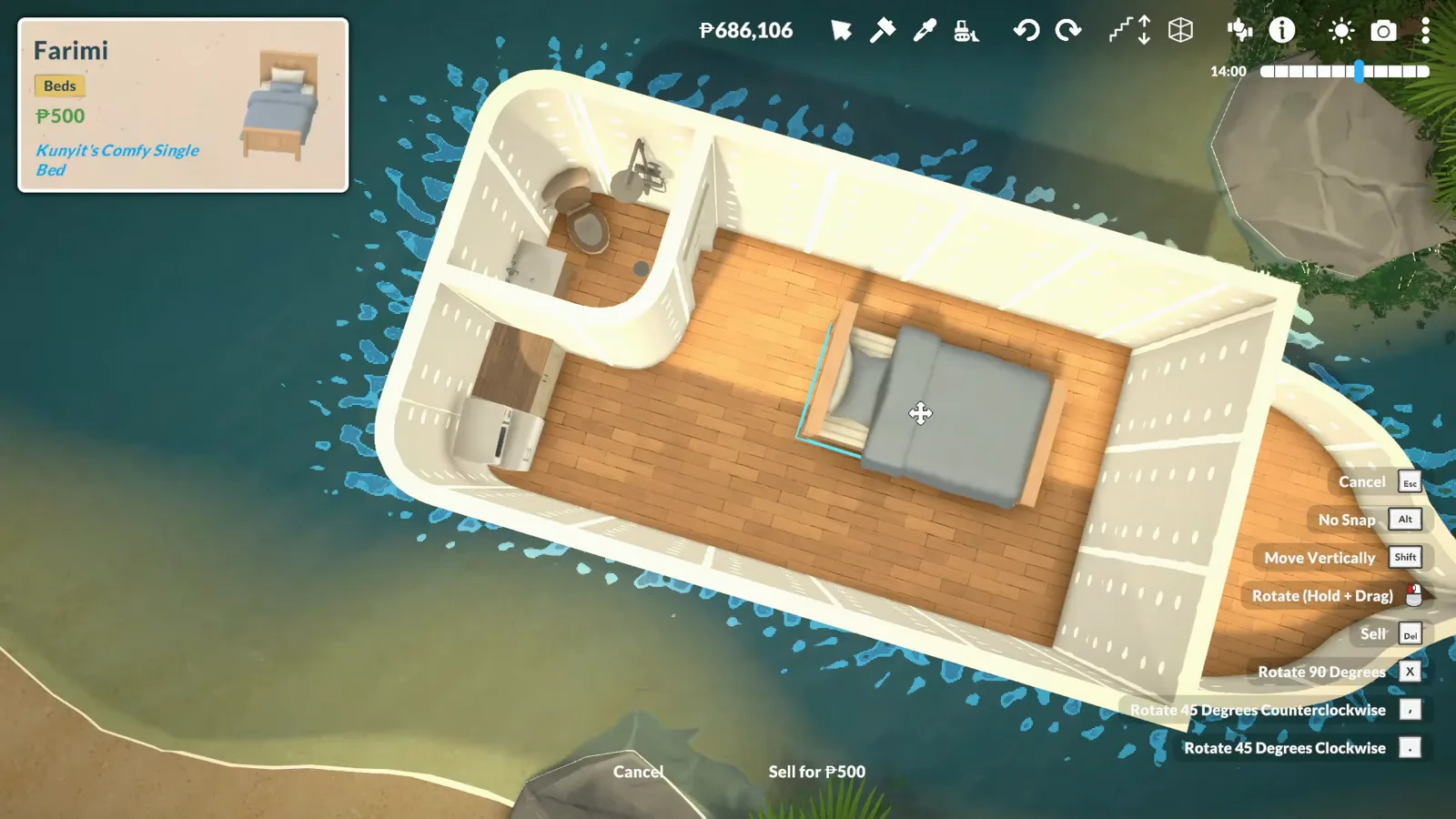 Paralives top-down layout test with a bed, bathroom corner and kitchen strip placed inside the narrow hull Paralives top-down layout test with a bed, bathroom corner and kitchen strip placed inside the narrow hull
