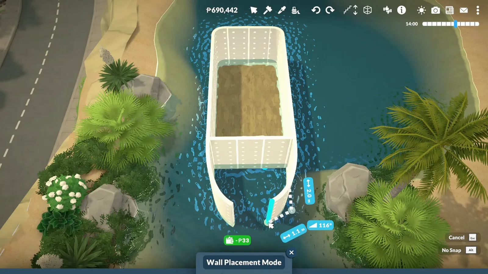 Paralives Wall Placement Mode bending curved white walls into a pointed boat hull, seen from directly above Paralives Wall Placement Mode bending curved white walls into a pointed boat hull, seen from directly above