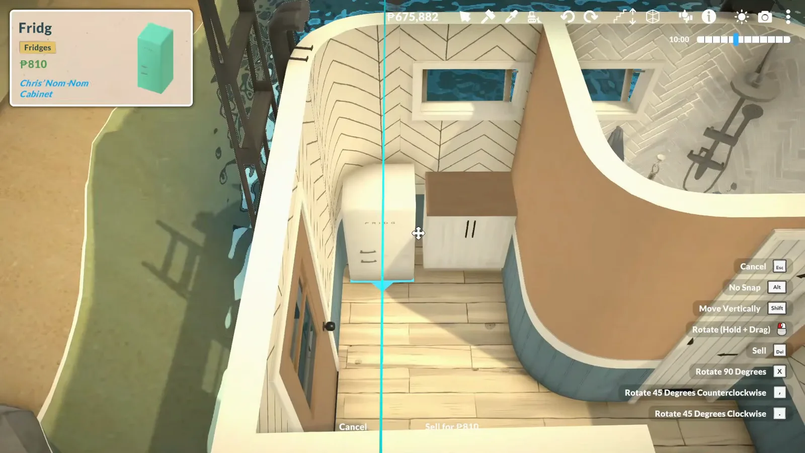 A mini fridge and one counter squeezing a tiny kitchen into a Paralives houseboat hull A mini fridge and one counter squeezing a tiny kitchen into a Paralives houseboat hull