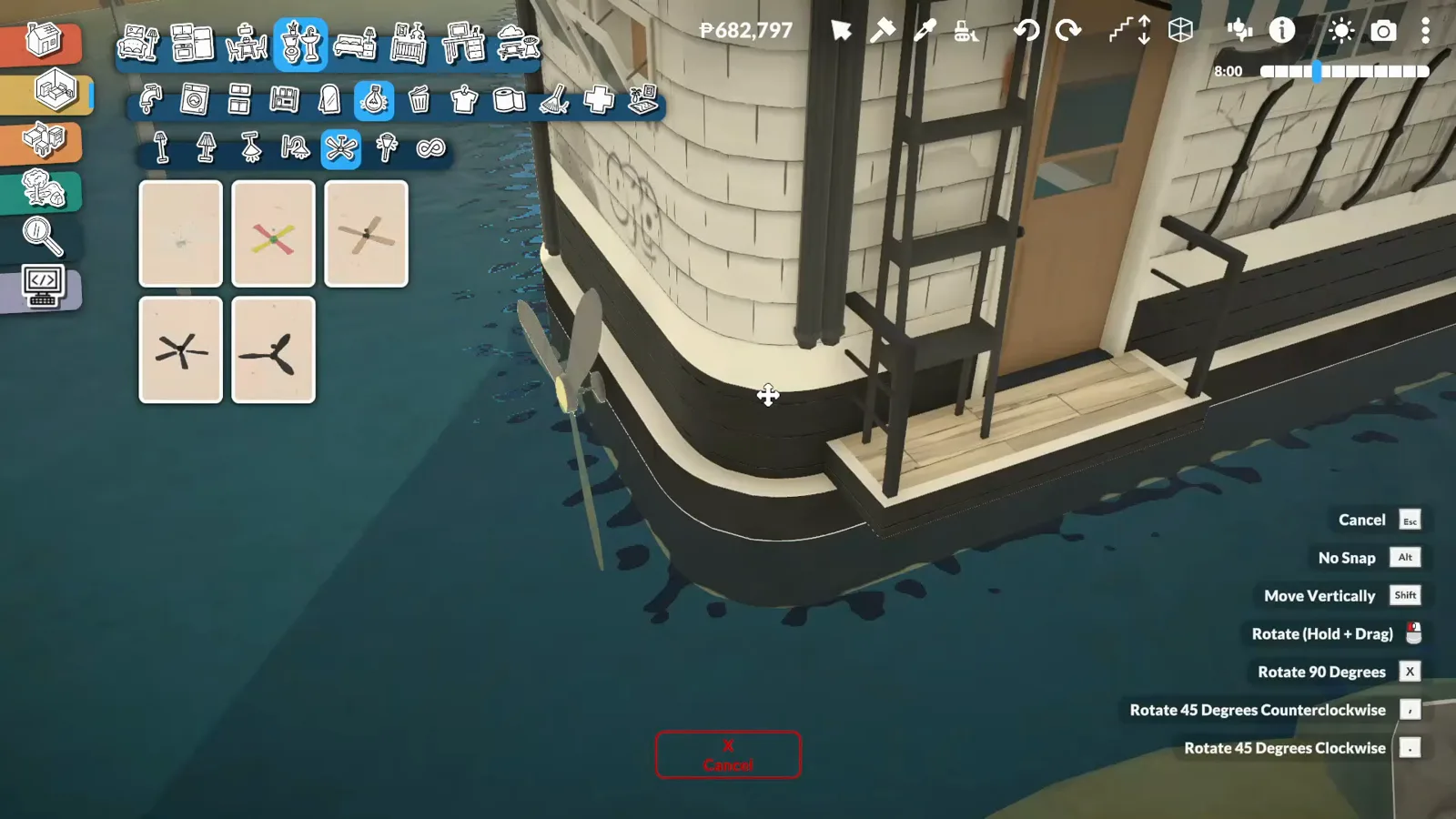 A ceiling fan blade sunk at the waterline of a Paralives boat stern to fake a propeller A ceiling fan blade sunk at the waterline of a Paralives boat stern to fake a propeller
