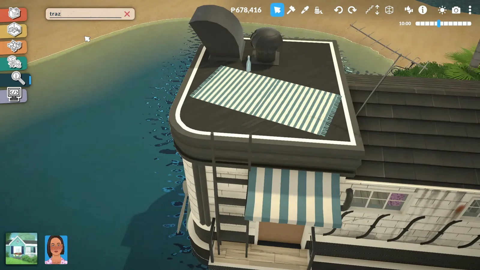A striped towel and a stack of books laid out on the black roof deck of a Paralives houseboat A striped towel and a stack of books laid out on the black roof deck of a Paralives houseboat