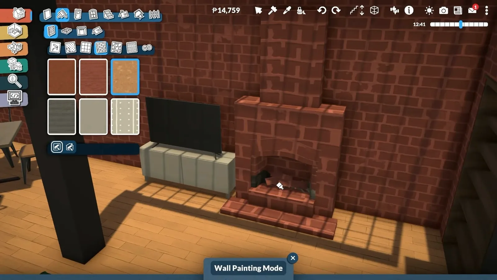 Paralives Wall Painting Mode matching a brick built-in fireplace and TV wall to the loft's red brick shell Paralives Wall Painting Mode matching a brick built-in fireplace and TV wall to the loft's red brick shell