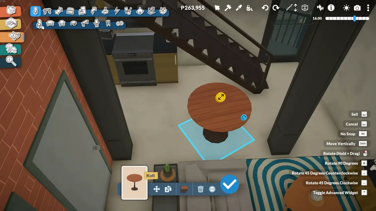 Paralives round dining table slotted between black steel columns beside the living room rug Paralives round dining table slotted between black steel columns beside the living room rug