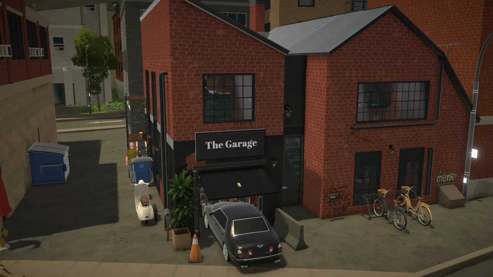 A finished Paralives industrial loft seen from the street, with a red brick shell over a black plinth, The Garage sign above the tilted-open garage door and bicycles parked at the kerb A finished Paralives industrial loft seen from the street, with a red brick shell over a black plinth, The Garage sign above the tilted-open garage door and bicycles parked at the kerb