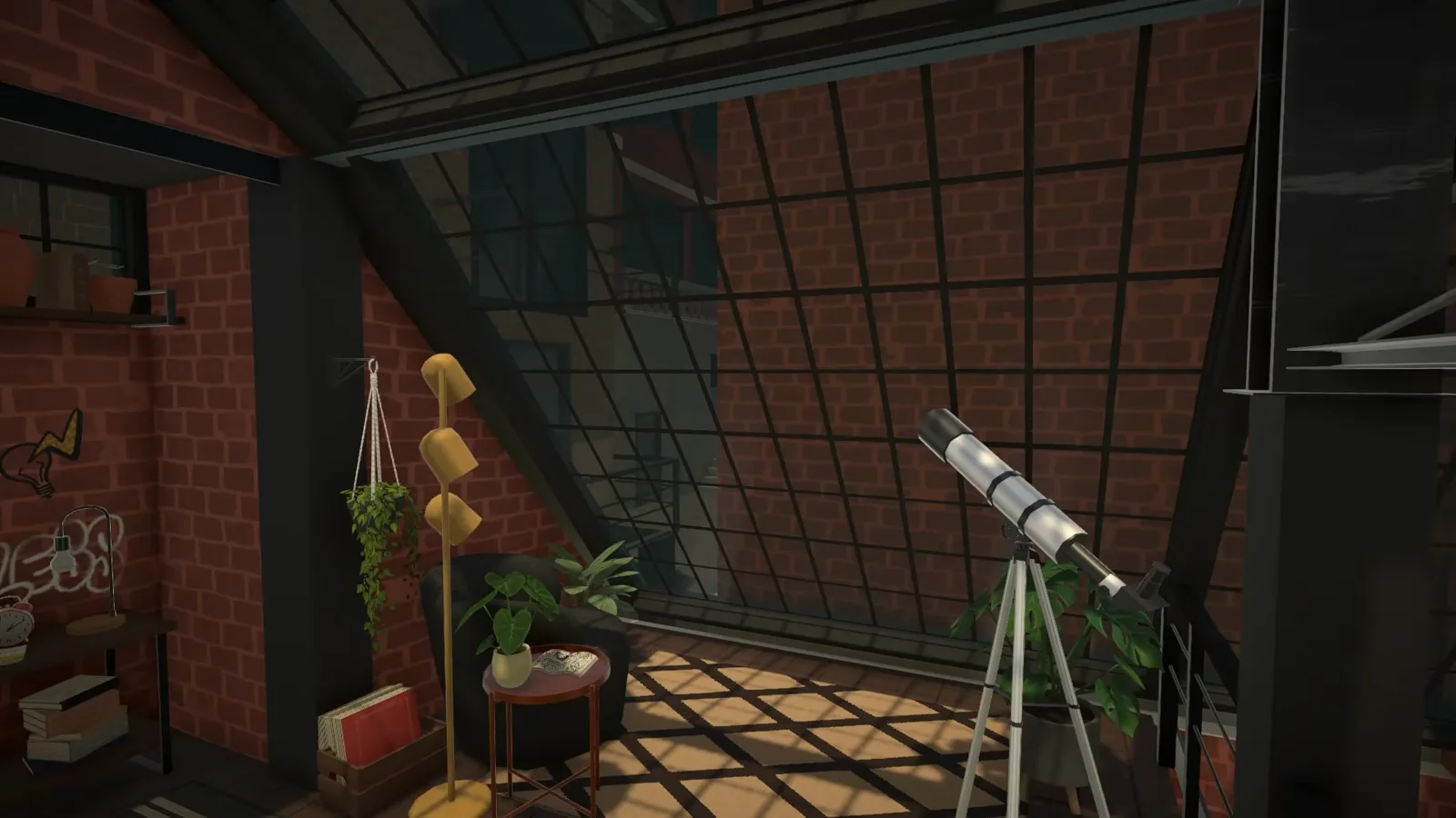 Finished Paralives loft reading nook with a telescope beneath the black steel grid of the open glass roof Finished Paralives loft reading nook with a telescope beneath the black steel grid of the open glass roof