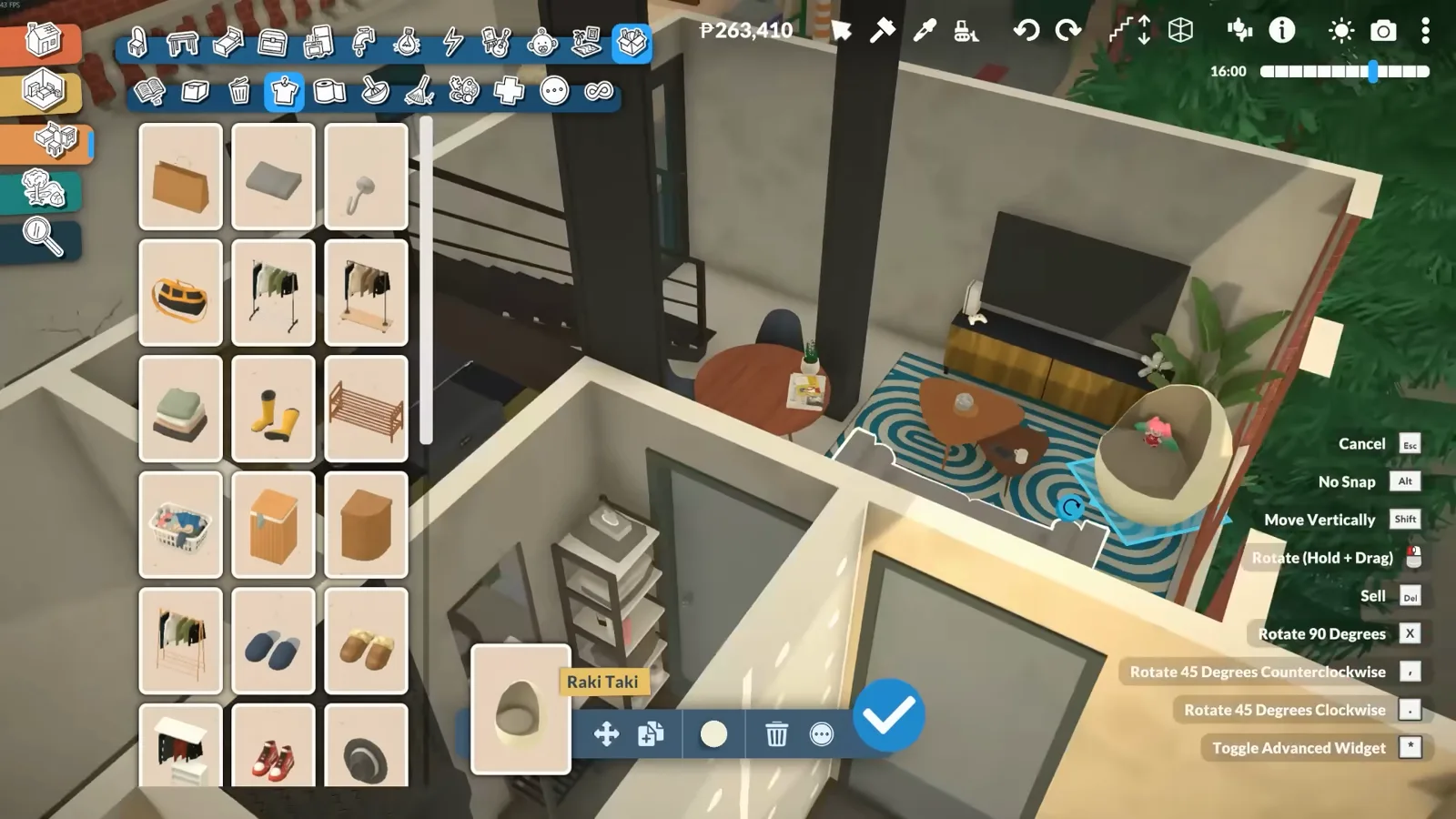 Paralives industrial loft living room from above with a spiral rug, low wood cabinet and a wicker egg chair Paralives industrial loft living room from above with a spiral rug, low wood cabinet and a wicker egg chair