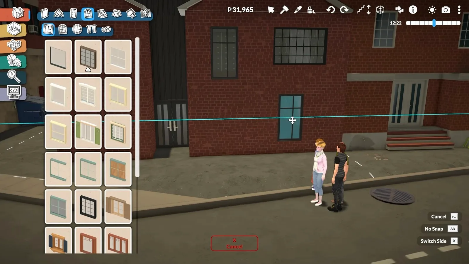 Paralives build mode placing a black industrial window on the red brick facade of a two-volume loft with a dark roof Paralives build mode placing a black industrial window on the red brick facade of a two-volume loft with a dark roof