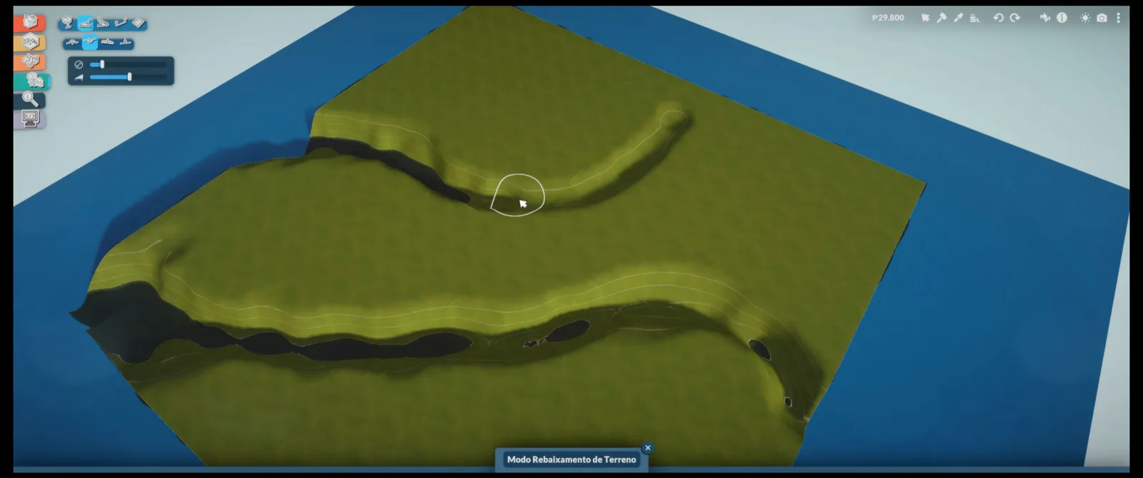 Terrain Height Lower mode carving the first river bend into a blank Paralives world map Terrain Height Lower mode carving the first river bend into a blank Paralives world map