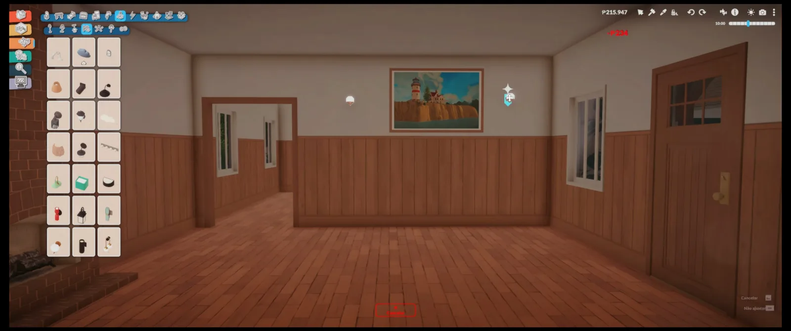 Wood-panelled Paralives cabin interior with a landscape painting and hanging lamp Wood-panelled Paralives cabin interior with a landscape painting and hanging lamp