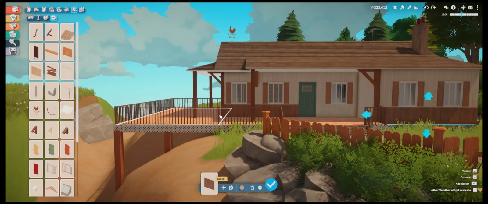 White-walled Paralives lake cabin with a brown shingle roof, shuttered windows and a porch rail above a rock-planted bluff, the wall catalogue open White-walled Paralives lake cabin with a brown shingle roof, shuttered windows and a porch rail above a rock-planted bluff, the wall catalogue open