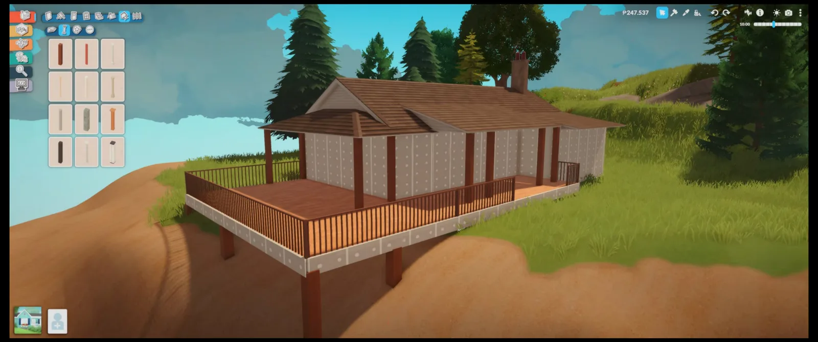 Long Paralives lake cabin with wood-trim posts along the porch and forest behind Long Paralives lake cabin with wood-trim posts along the porch and forest behind
