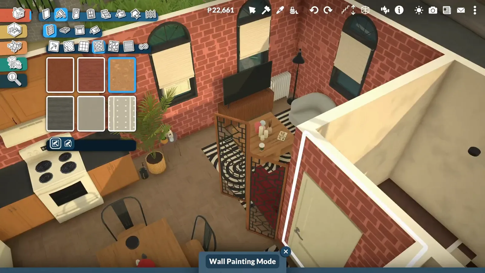 A Paralives living room with a red brick accent wall behind a wall-mounted TV, zebra rug and warm wood furniture, in wall painting mode