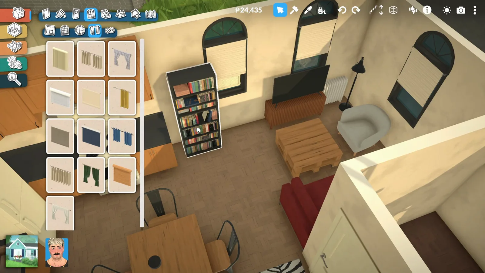 A Paralives coffee table styled with a small cluster of candles and props at one edge, the rest left clear