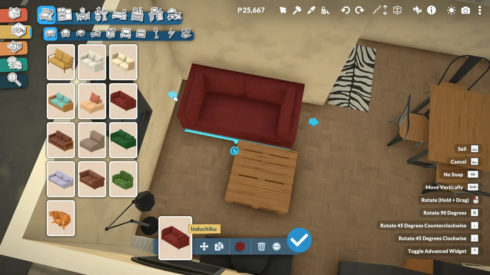 A red Paralives sofa selected with its blue snap line against the wall and a drag arrow extending the couch by one seat module