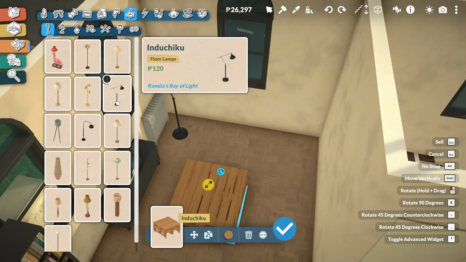 An Indochiku floor lamp placed in a Paralives living room with its collection name shown on the item tooltip