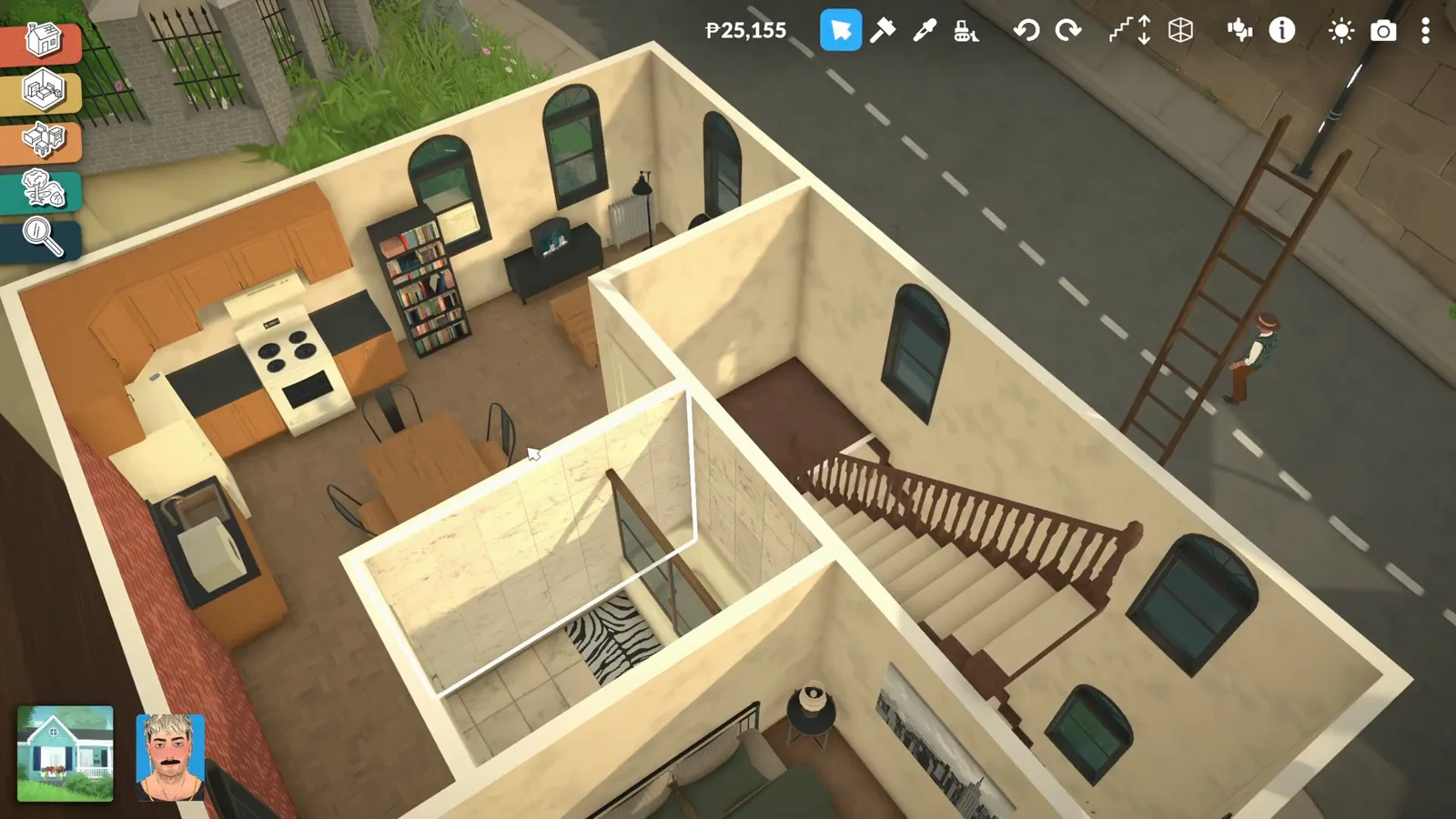 The Paralives build mode time-of-day slider set to night over an apartment floor plan to preview where lamps will be needed